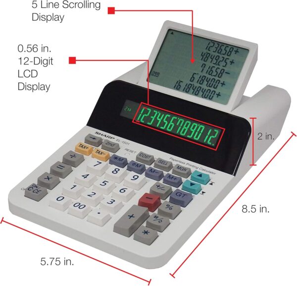 Sharp El-1501 Compact Cordless Paperless Large 12-Digit Display Desktop Printing Calculator That Utilizes Printing Calculator Logic - Image 2