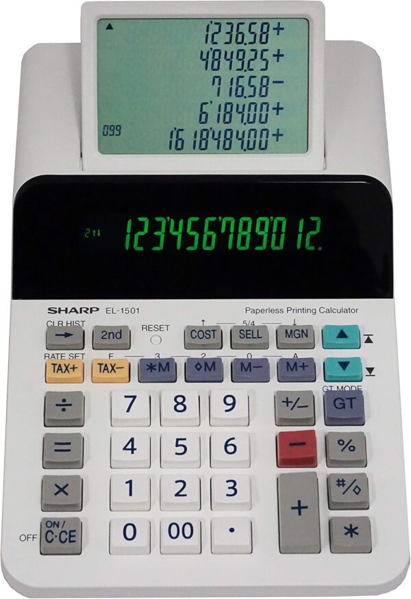 Sharp El-1501 Compact Cordless Paperless Large 12-Digit Display Desktop Printing Calculator That Utilizes Printing Calculator Logic - Image 4