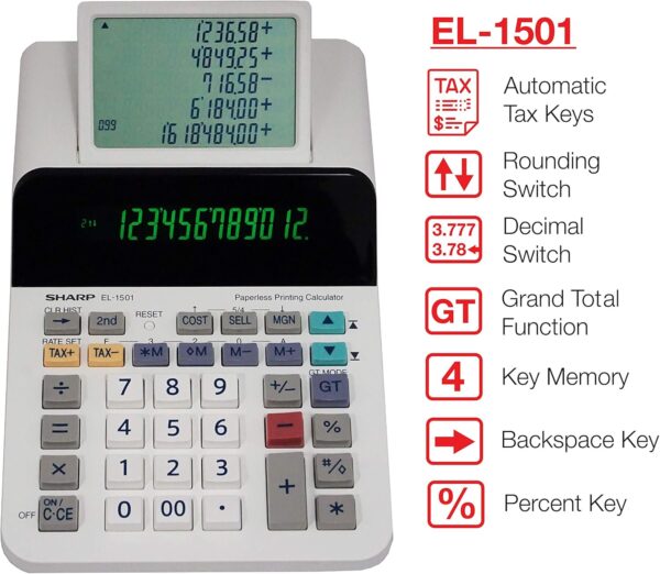 Sharp El-1501 Compact Cordless Paperless Large 12-Digit Display Desktop Printing Calculator That Utilizes Printing Calculator Logic - Image 3